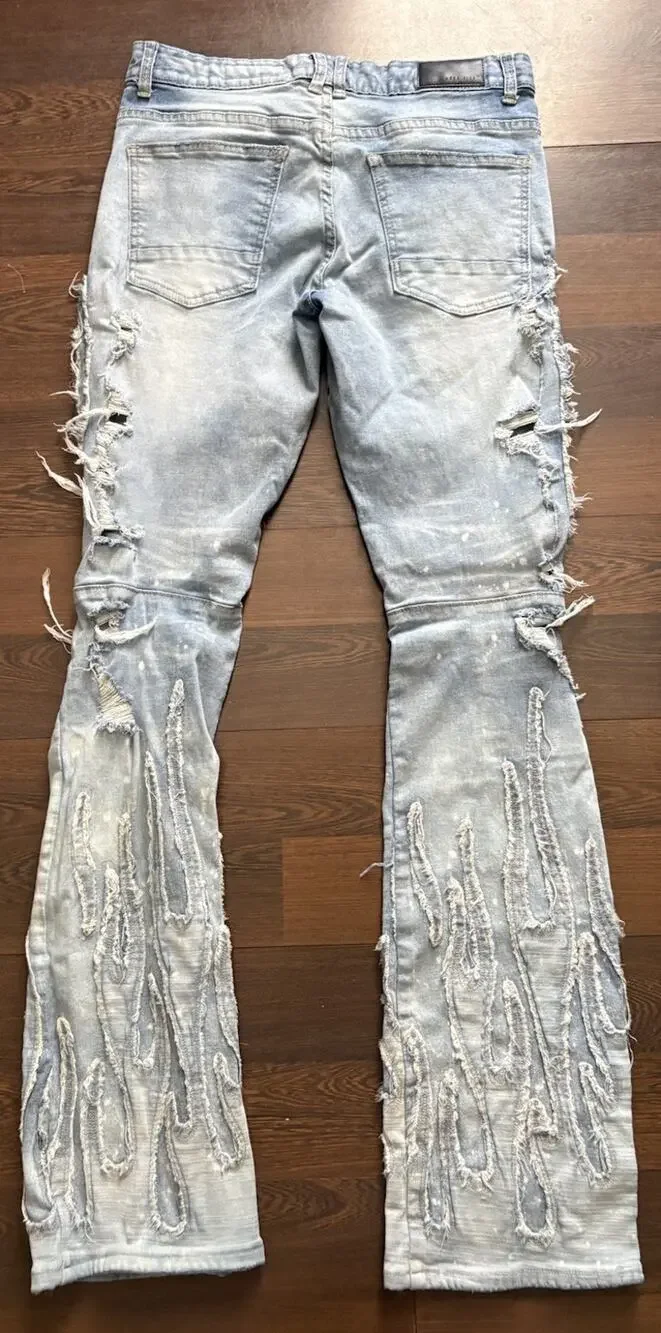 Smoke Rise Flame Patch Distress Jeans 32x34 Rare Find